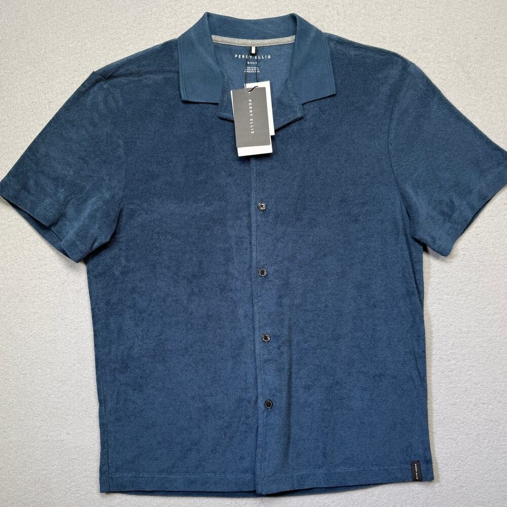 Perry Ellis Men's Short Sleeve Terry Button-Front Camp Shirt Blue small $80